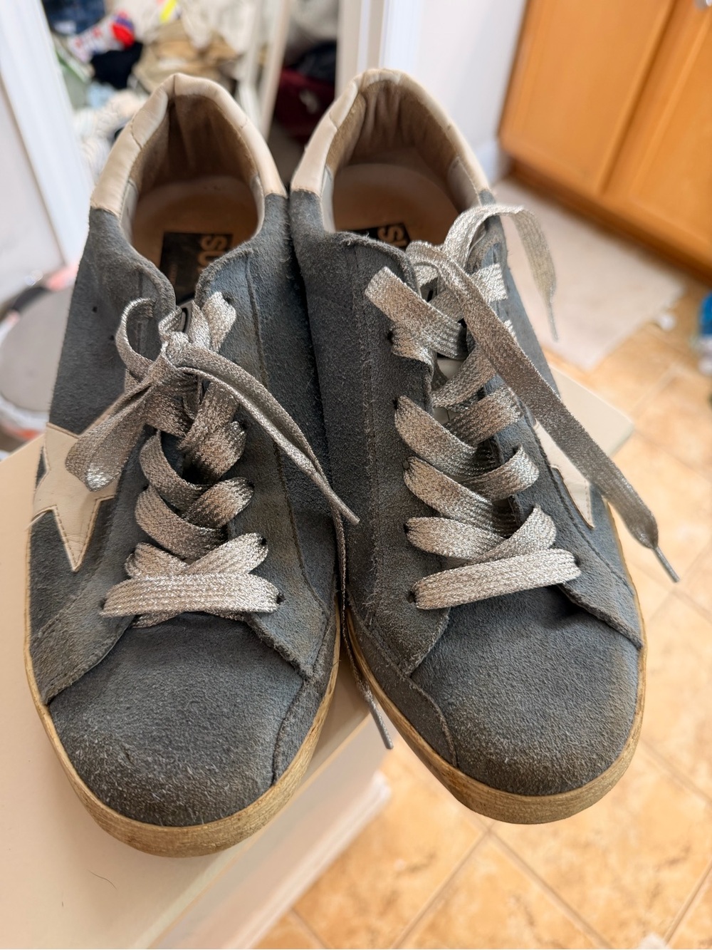 Golden Goose Gray Suede Sneakers with Silver Laces and White Star